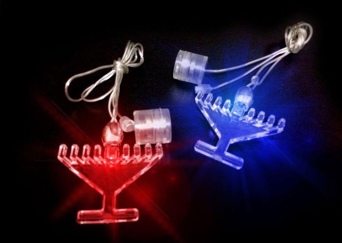 LED Light-Up Chanukah Menorah Necklace glowing in blue and red